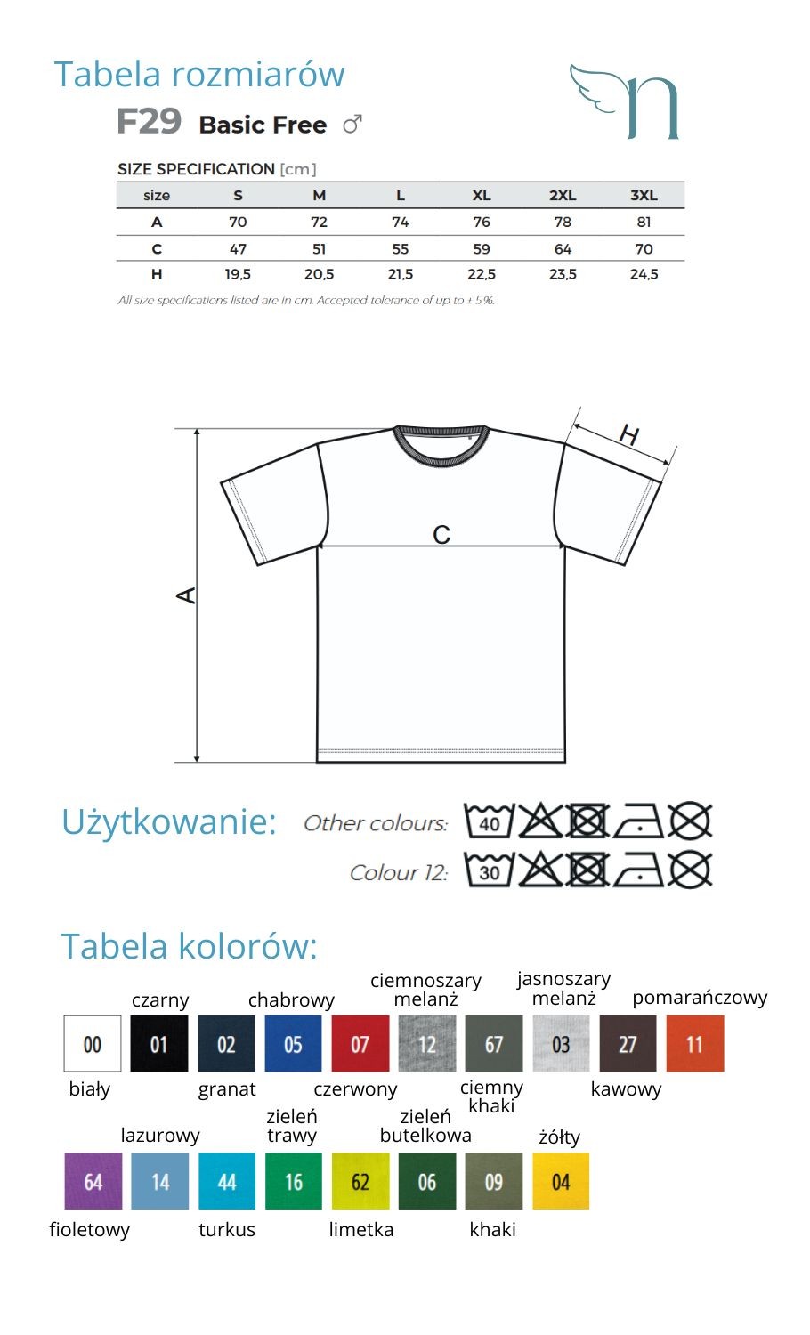 Tabela rozmiarów koszulka męska/uniex